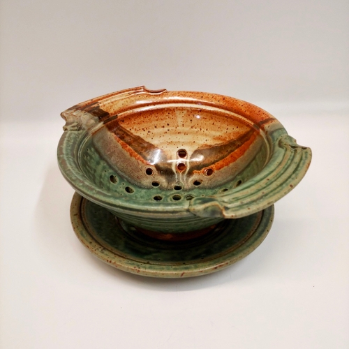 Click to view detail for #221158 Berry Bowl with Saucer Rust/Green/Blk $24